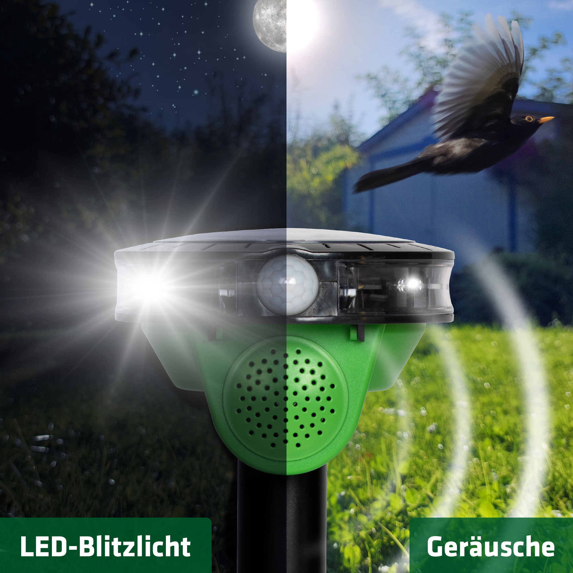 Electronic Solar Scarecrow | 3 different sounds plus light | Adjustable