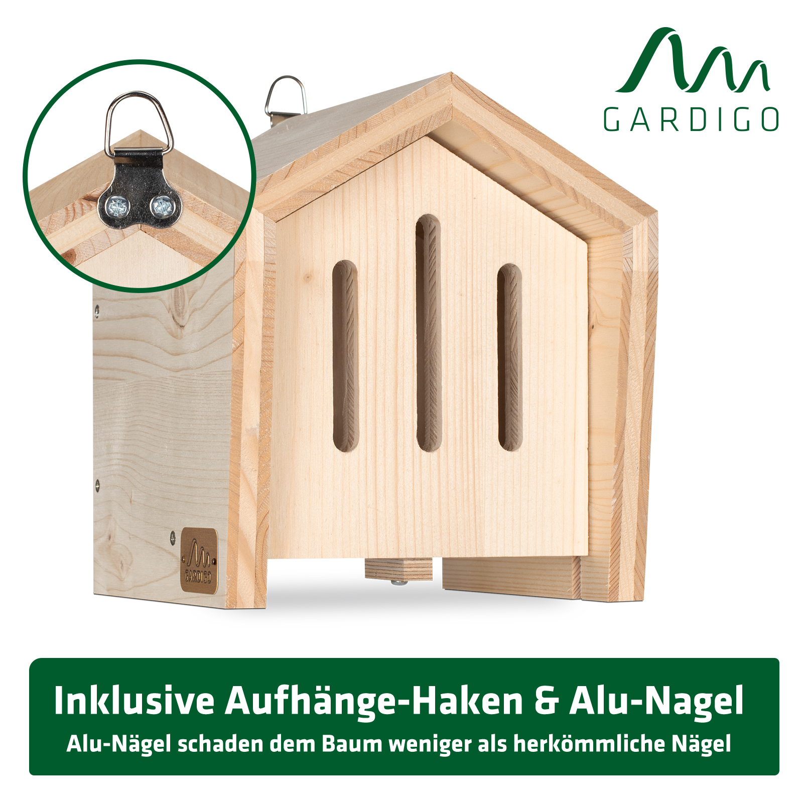 Das Haus ist auf der Rückseite mit einem Haken ausgestattet und damit überall aufzuhängen.