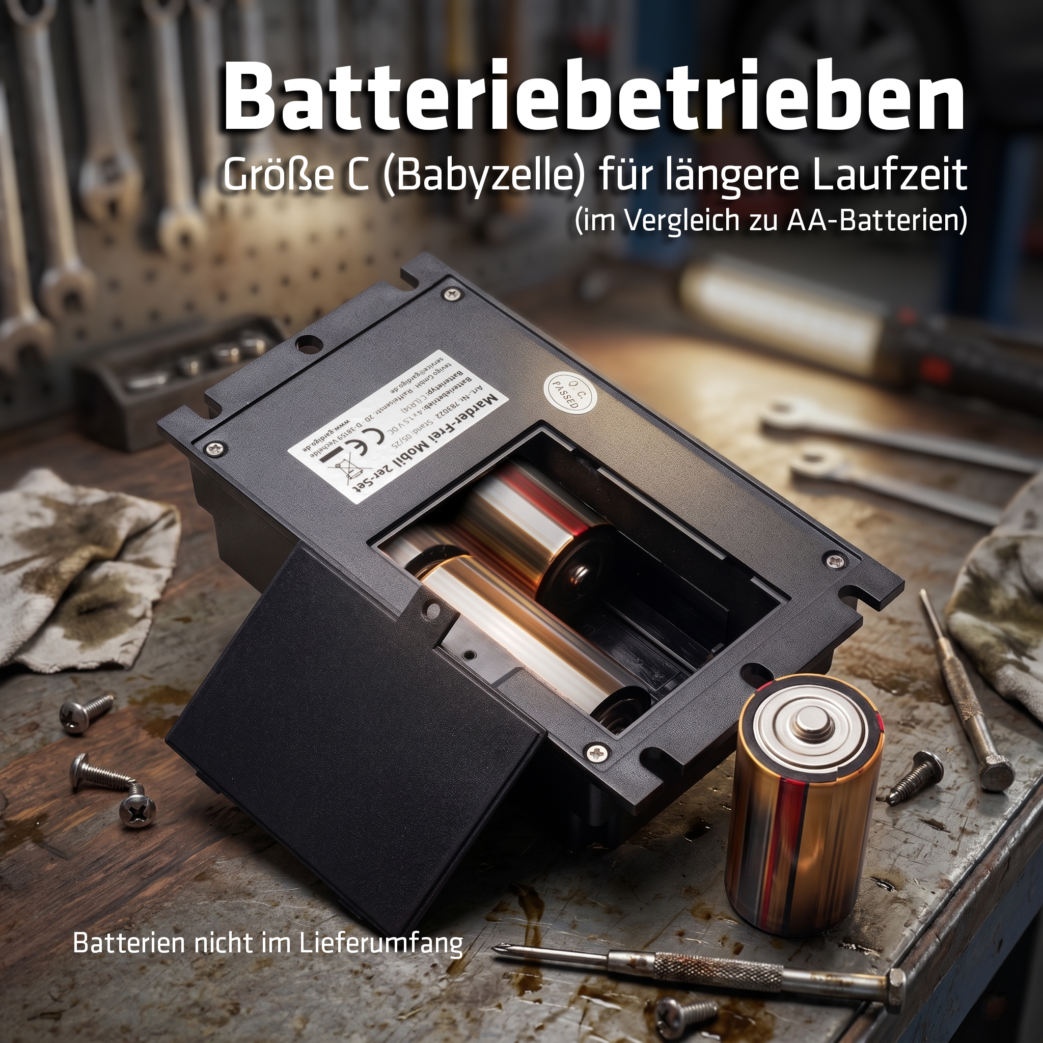 Dieses Marderabwehrgerät wird mit 4 C-Batterien betrieben, für längere Laufzeit im Vergleich zu AA-Batterien. Batterien nicht im Lieferumfang.