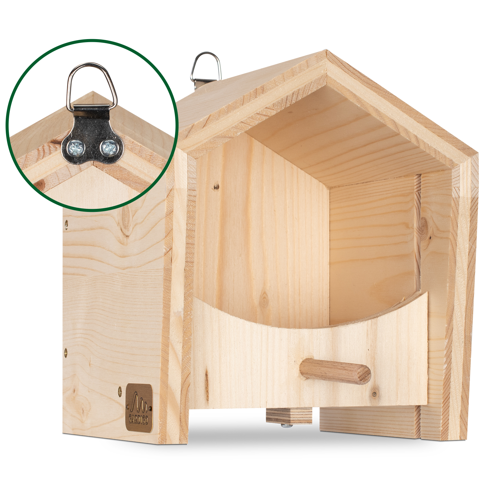 Das Haus ist auf der Rückseite mit einem Haken ausgestattet und damit überall aufzuhängen.