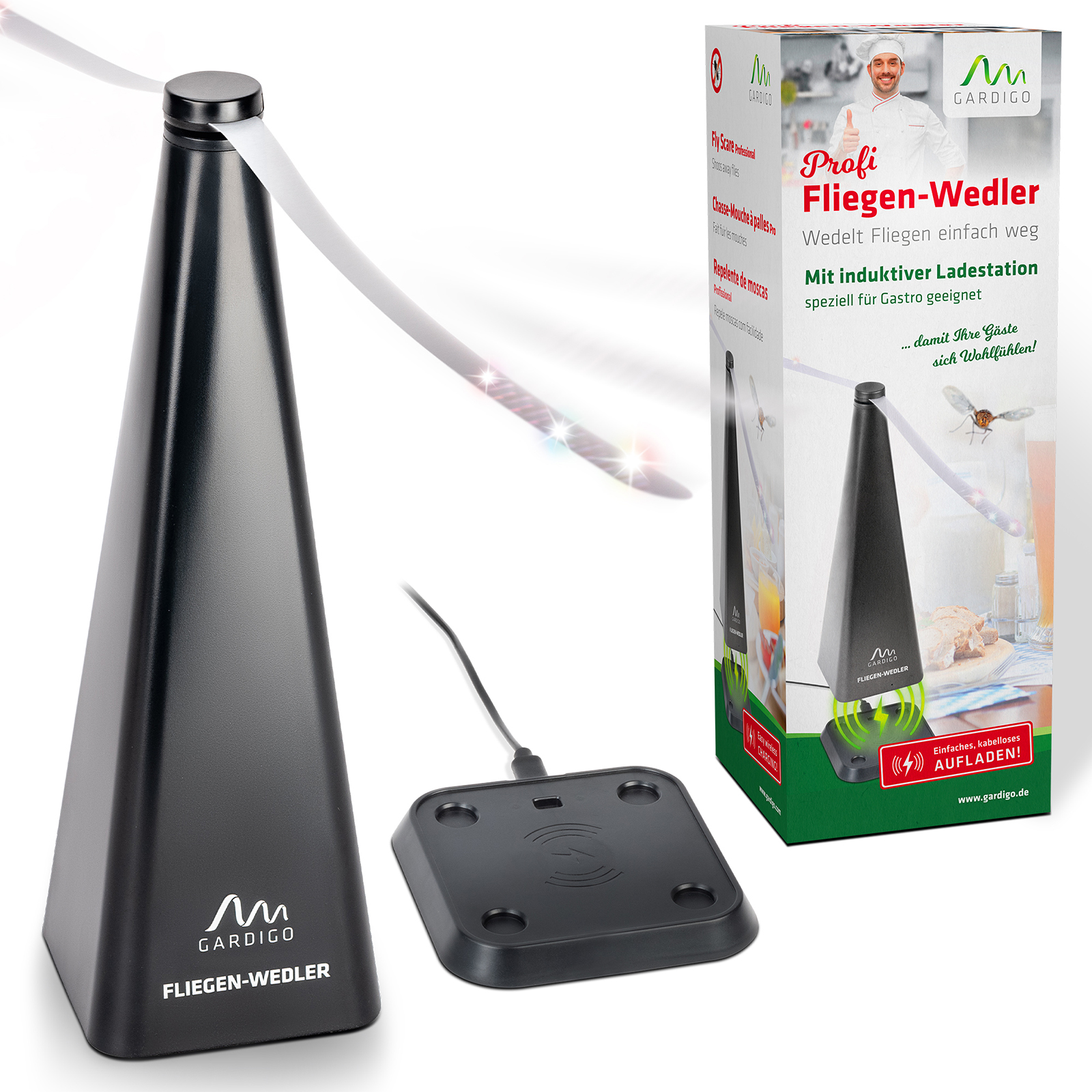 Rechargeable fly scare fan | with inductive charging tray | Professional fly repellent