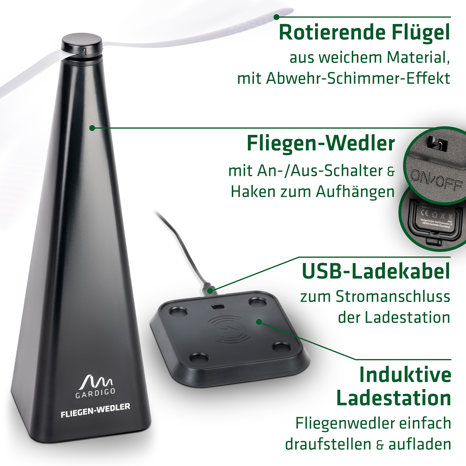 Rechargeable fly scare fan | with inductive charging tray | Professional fly repellent