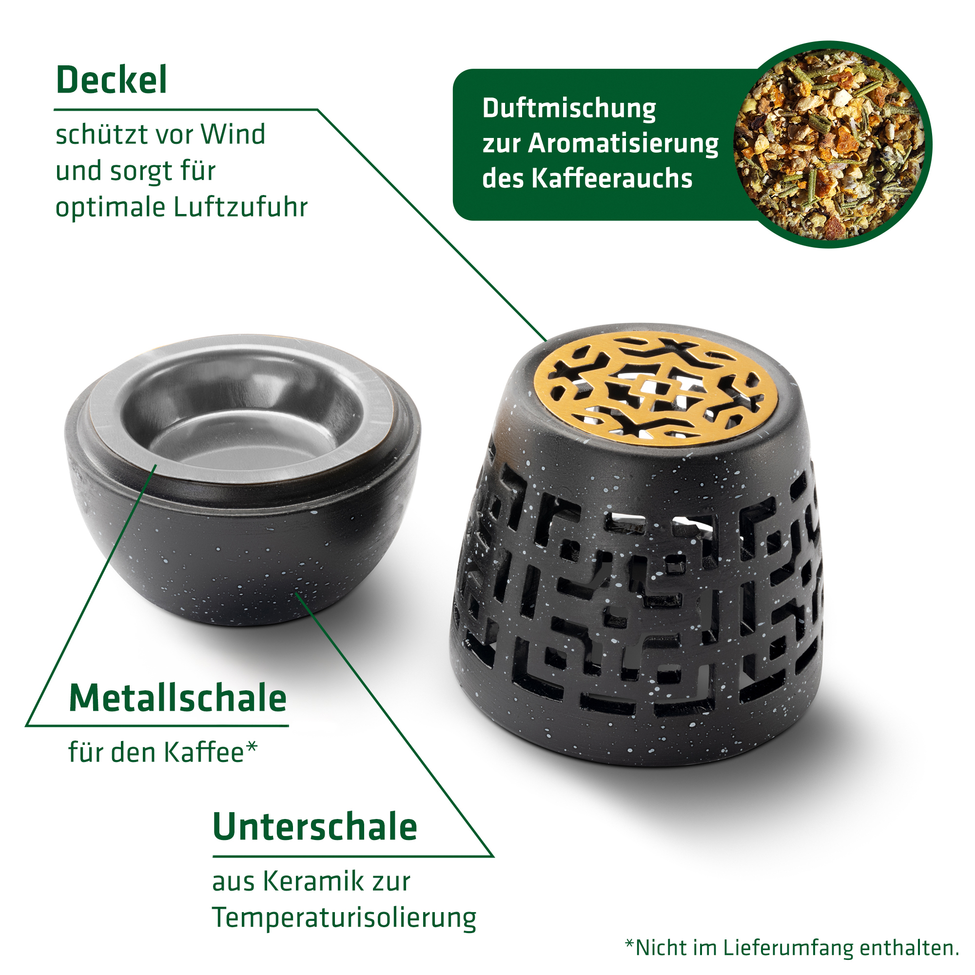 Lieferumfang: 100g Duftmischung, Decke, Metallschale, Unterschale